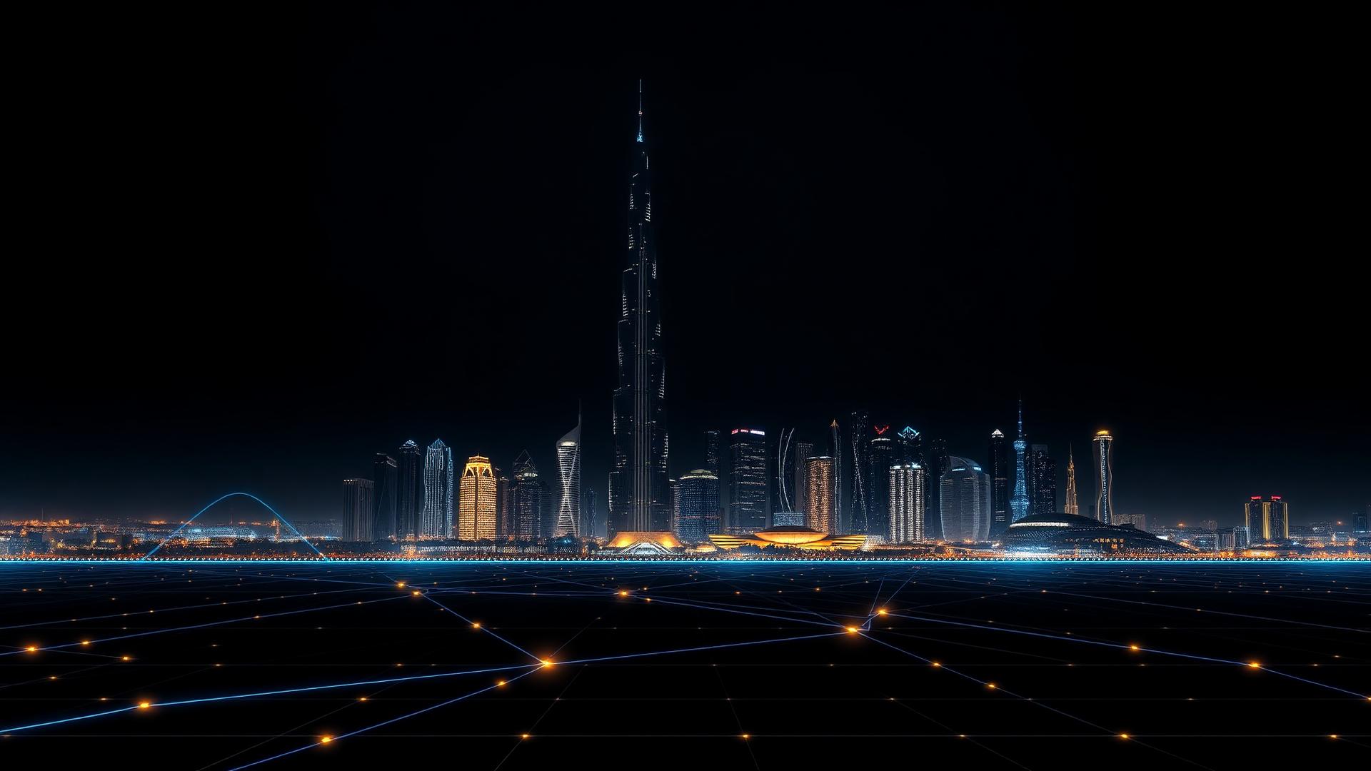 Dubai night skyline with neon network grid
